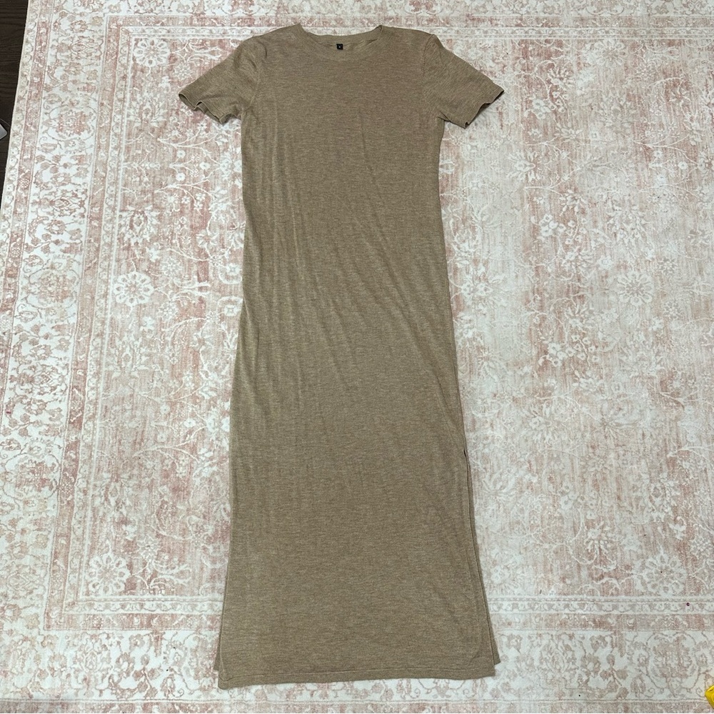 Beige Knit Long Dress With Side Slits - Picture 3 of 11